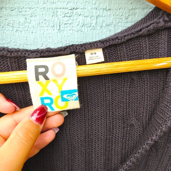 y2k Roxy Cable Knit Babydoll Hooded Sweater sz M Black Coquette Whimsygoth - Picture 5 of 10